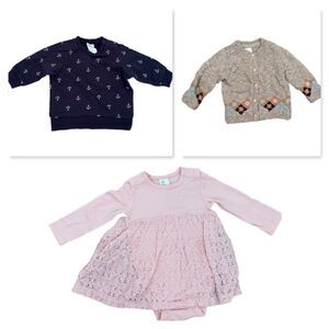 H&M Girl Infant Bundle: sweatshirt, cardigan, onesie dress, size 0-3 mo + 3-6 mo